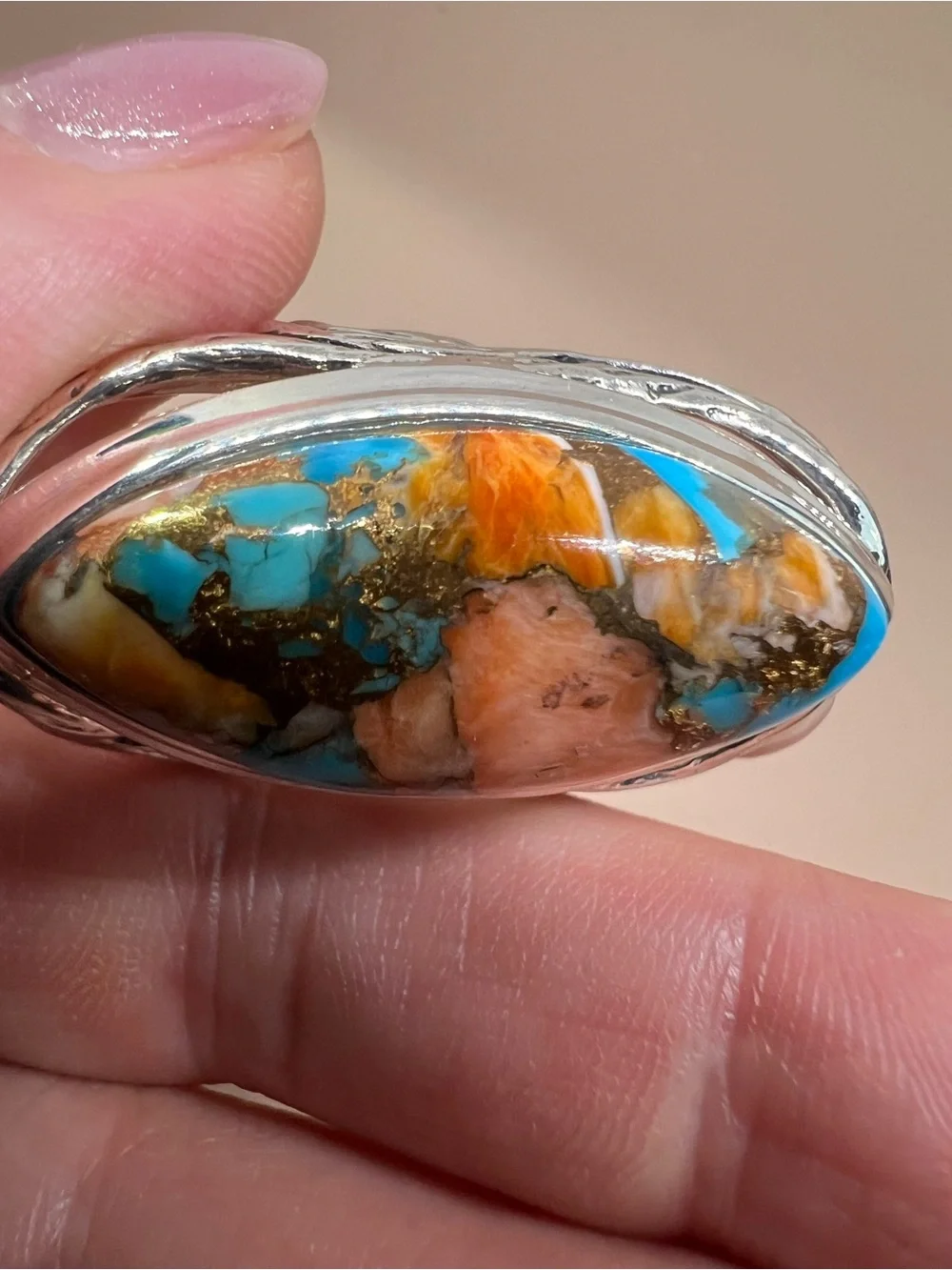 Oyster Copper Turquoise composite Sterling silver statement ring